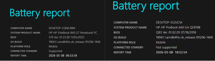 Command Prompt powercfg /batteryreport output for HP EliteBook 840 G7 and ProBook 640 G4