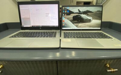 A side-by-side comparison of two silver HP laptops: an HP ProBook 640 G4 on the left and a 10th Gen HP EliteBook on the right, both open and powered on.
