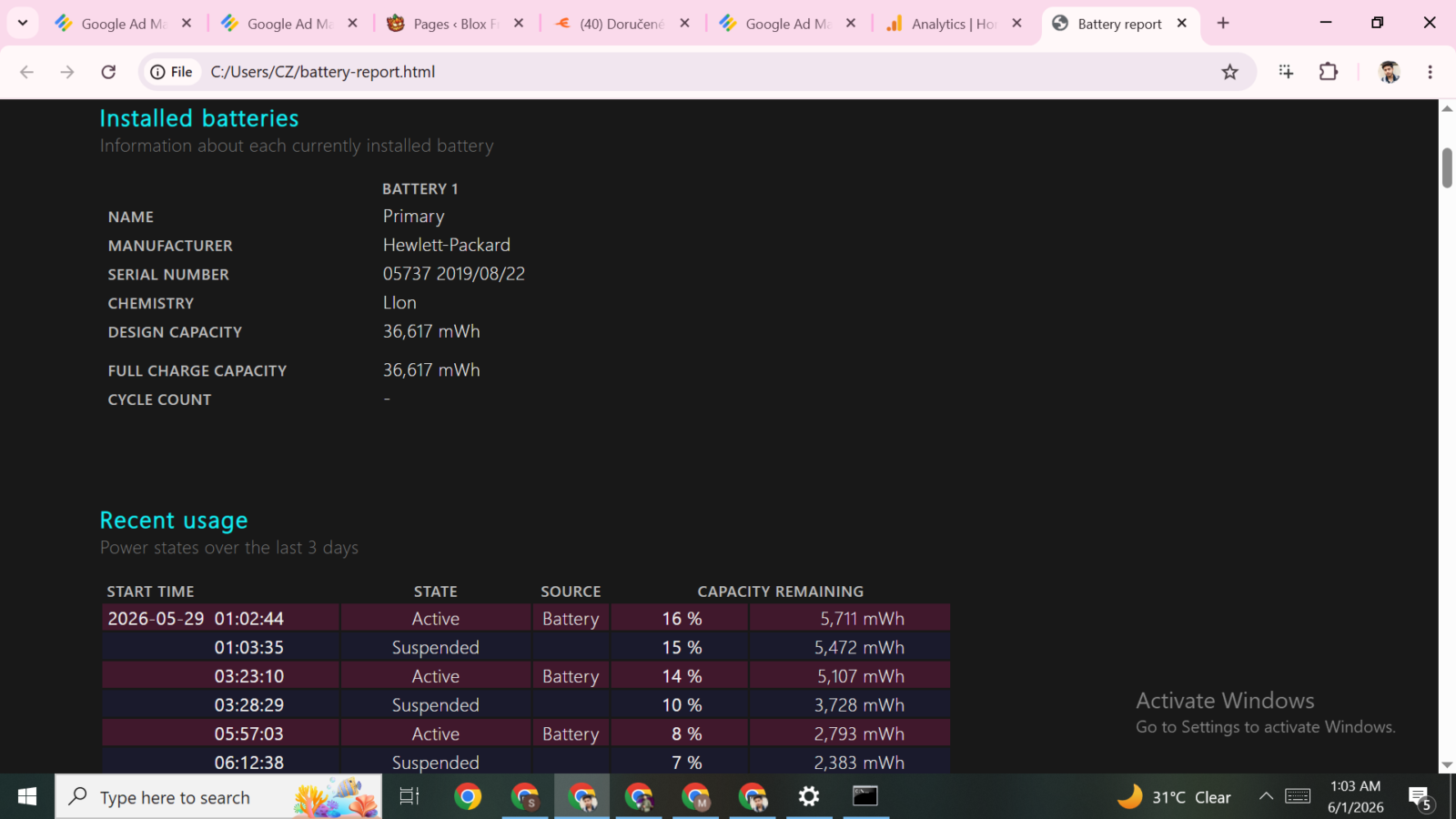 Windows Command Prompt native powercfg battery report screen capture showing charge capacity cycles and discharge rate history.