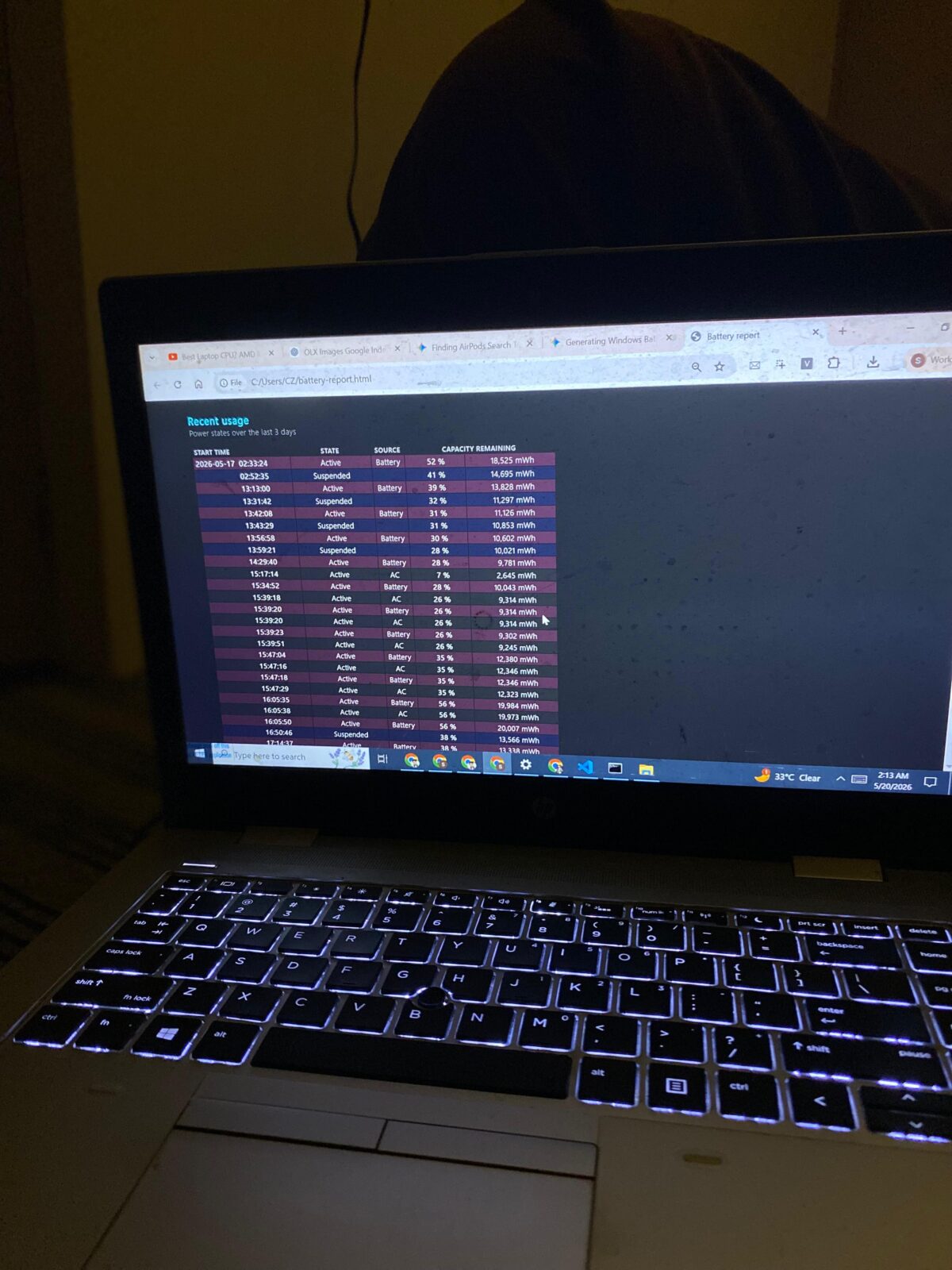Windows Command Prompt powercfg battery report detailing structural capacity logs and longevity metrics for the HP ProBook 640 G4.